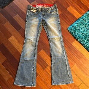 Industrial cotton blue jeans, size 5 women’s boot, cut jeans